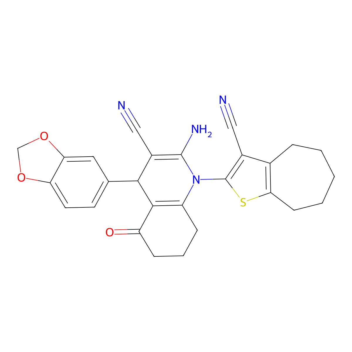 2-Amino-4-(1,3-benzodioxol-5-YL)-1-(3-cyano-5,6,7,8-tetrahydro-4H-cycloh epta[B]thien-2-YL)-5-oxo-1,4,5,6,7,8-hexahydro-3-quinolinecarbonitrile molecular structure, CAS 350511-70-5