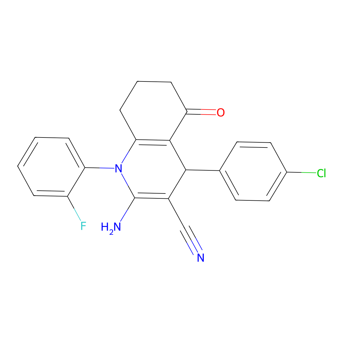 2-Amino-4-(4-chlorophenyl)-1-(2-fluorophenyl)-5-oxo-1,4,5,6,7,8-hexahydro-3-quinolinecarbonitrile molecular structure, CAS 350511-73-8