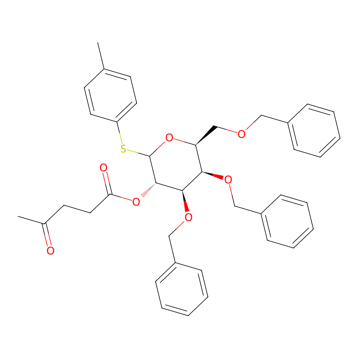 (3S,4R,5R,6S)-4,5-Bis(benzyloxy)-6-((benzyloxy)methyl)-2-(p-tolylthio)tetrahydro-2H-pyran-3-yl 4-oxopentanoate molecular structure, CAS 350600-54-3