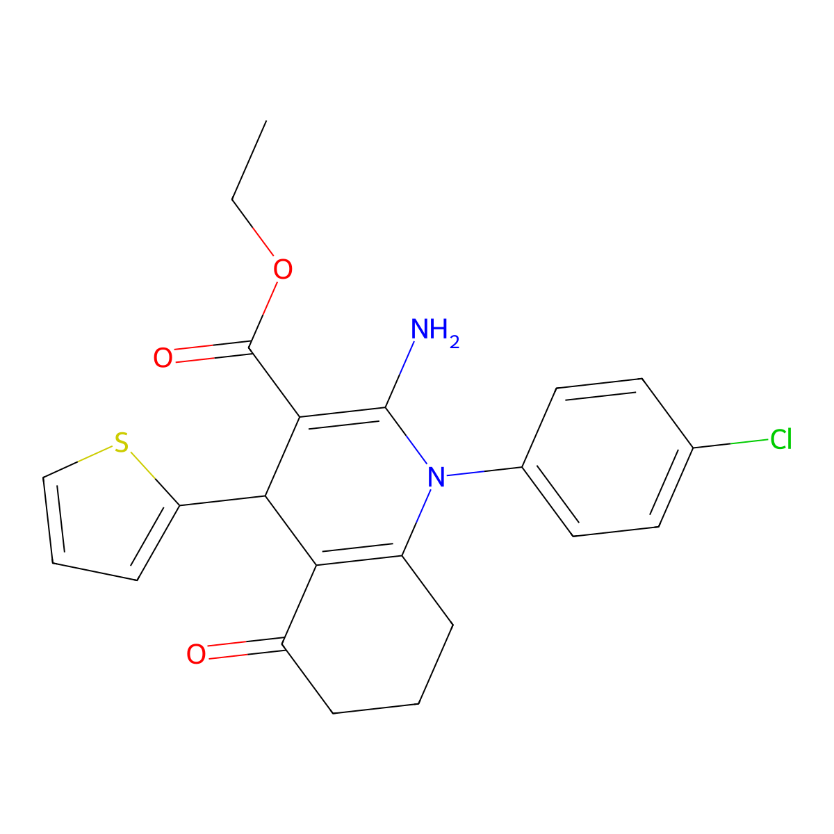 Ethyl 2-amino-1-(4-chlorophenyl)-5-oxo-4-(2-thienyl)-1,4,5,6,7,8-hexahydro-3-quinolinecarboxylate molecular structure, CAS 350612-35-0