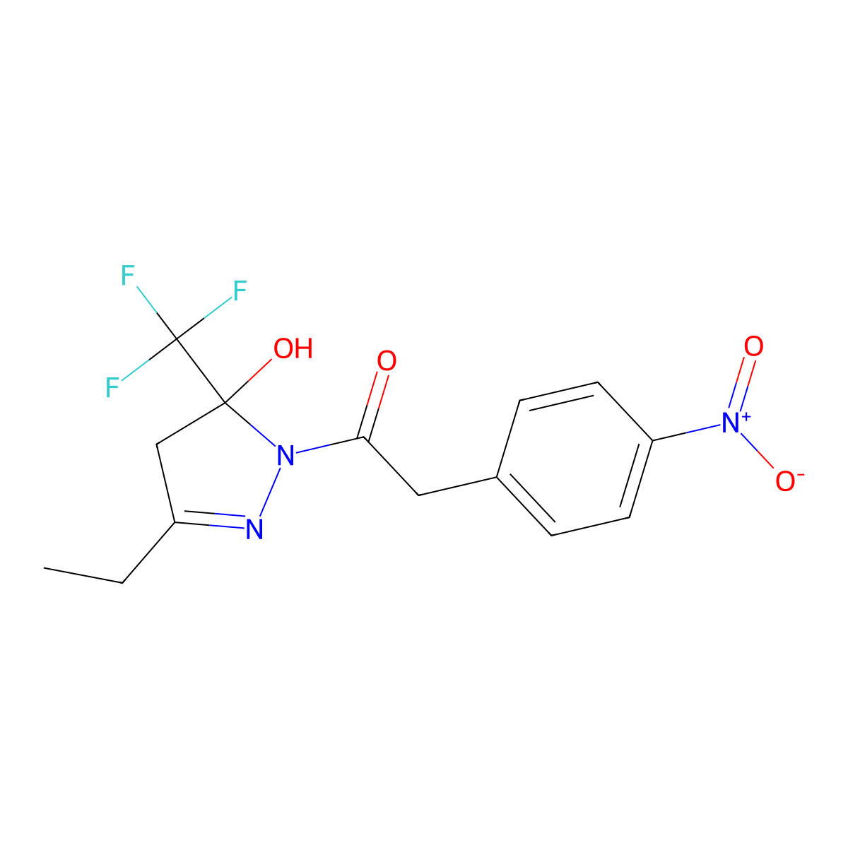 1-[3-ethyl-5-hydroxy-5-(trifluoromethyl)-4H-pyrazol-1-yl]-2-(4-nitrophenyl)ethanone molecular structure, CAS 350613-30-8