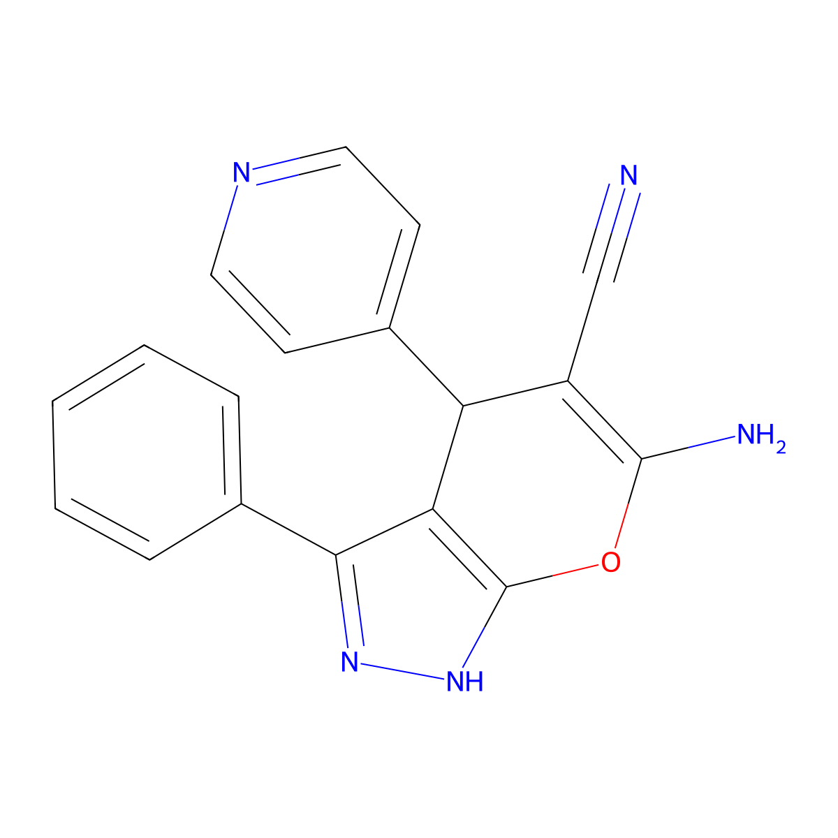 6-Amino-3-phenyl-4-(4-pyridinyl)-1,4-dihydropyrano[2,3-c]pyrazole-5-carbonitrile molecular structure, CAS 350698-93-0