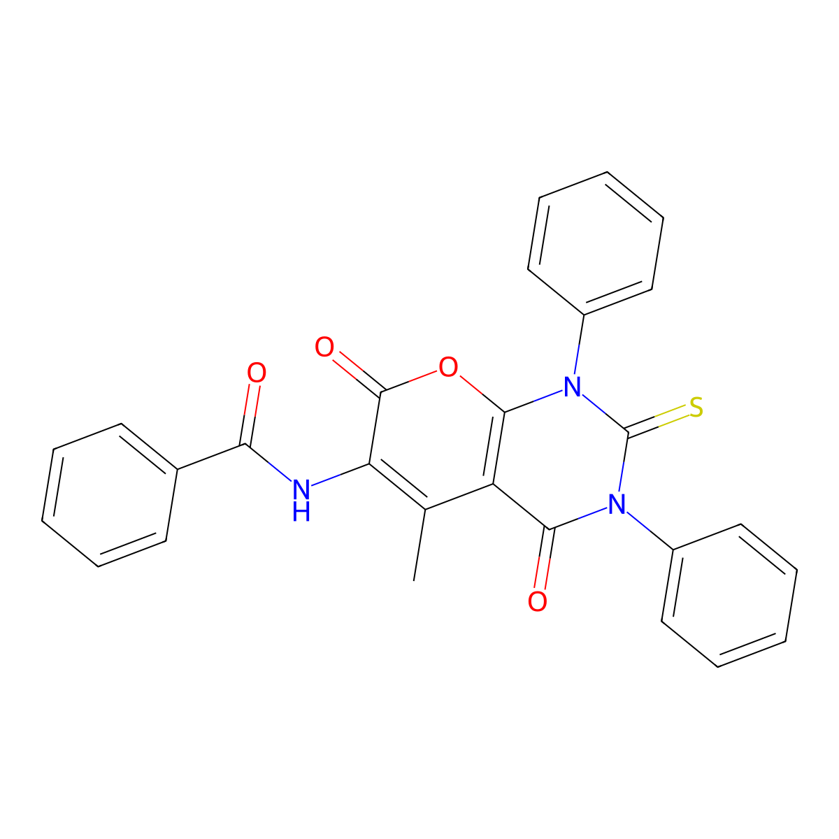 N-(5-Methyl-4,7-dioxo-1,3-diphenyl-2-sulfanylidene-1,3,4,7-tetrahydro-2H-pyrano[2,3-d]pyrimidin-6-yl)benzamide molecular structure, CAS 350820-33-6