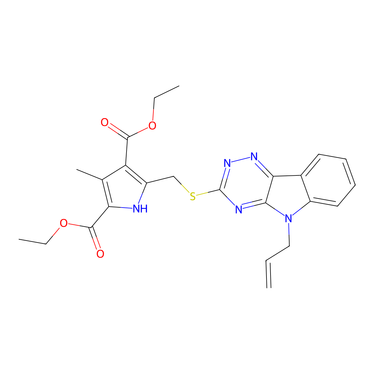 Diethyl 5-{[(5-allyl-5H-[1,2,4]triazino[5,6-B]indol-3-YL)sulfanyl]methyl}-3-methyl-1H-pyrrole-2,4-dicarboxylate molecular structure, CAS 350844-11-0