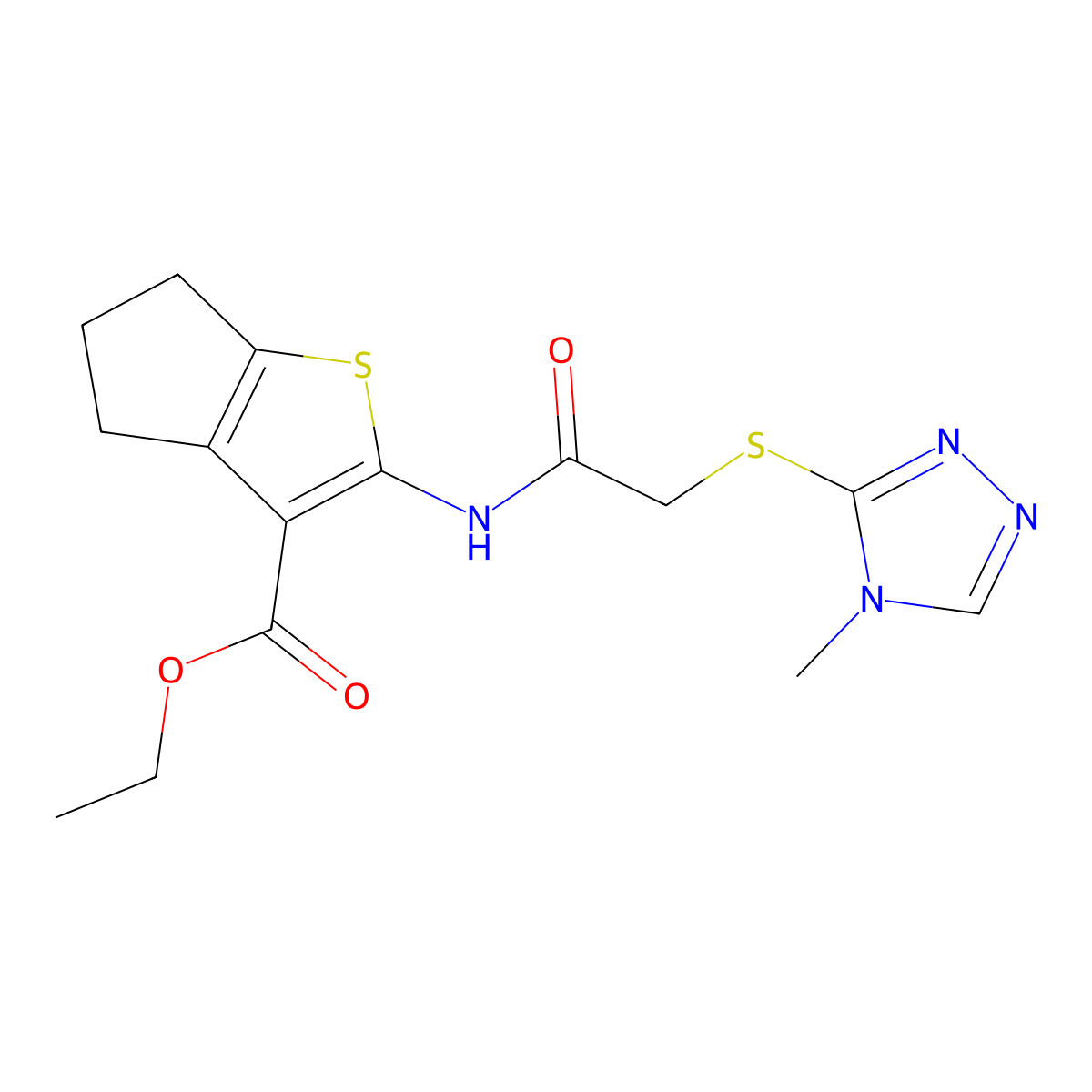 ethyl 2-(2-((4-methyl-4H-1,2,4-triazol-3-yl)thio)acetamido)-5,6-dihydro-4H-cyclopenta[b]thiophene-3-carboxylate molecular structure, CAS 350844-84-7