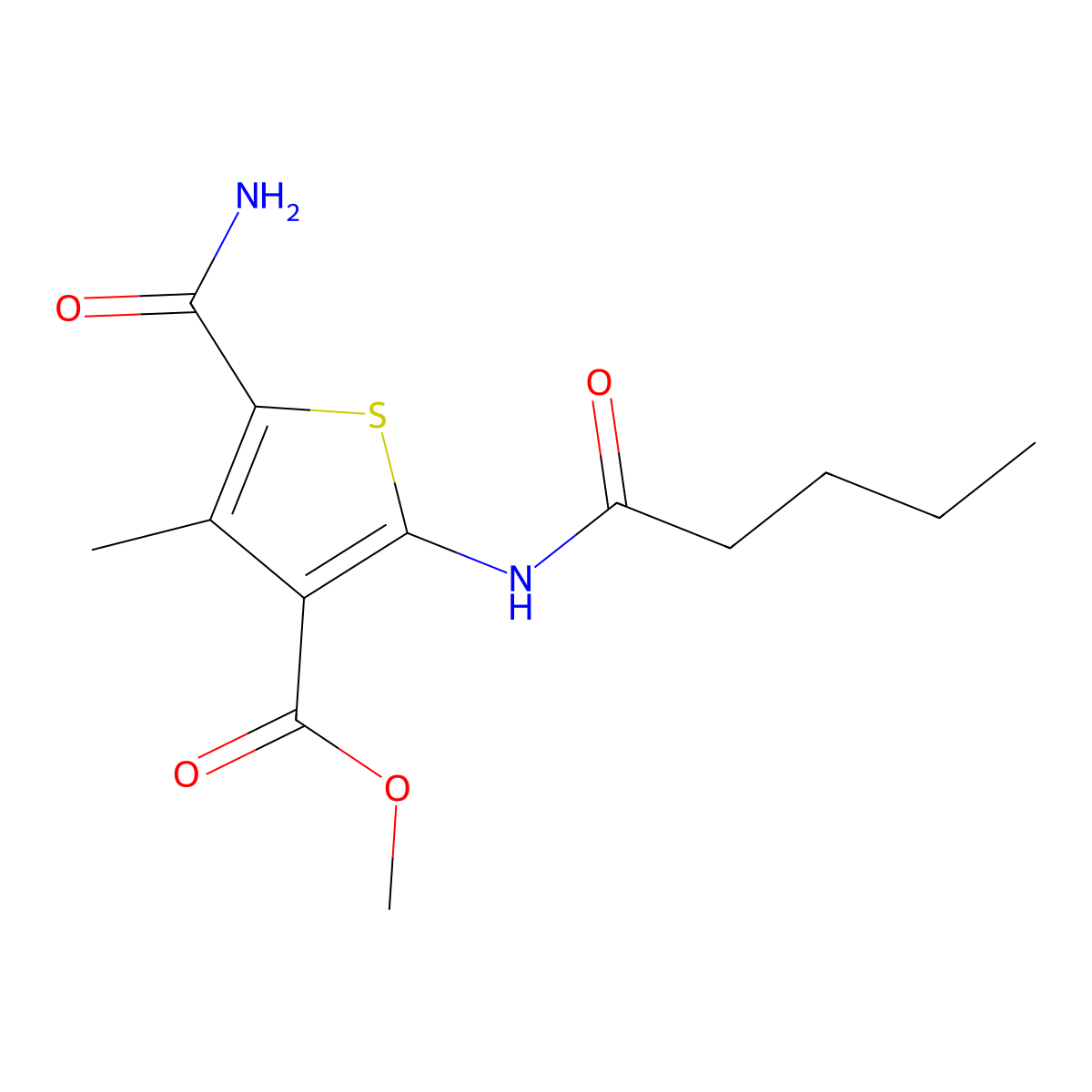 Methyl 5-carbamoyl-4-methyl-2-(pentanoylamino)thiophene-3-carboxylate molecular structure, CAS 350989-80-9