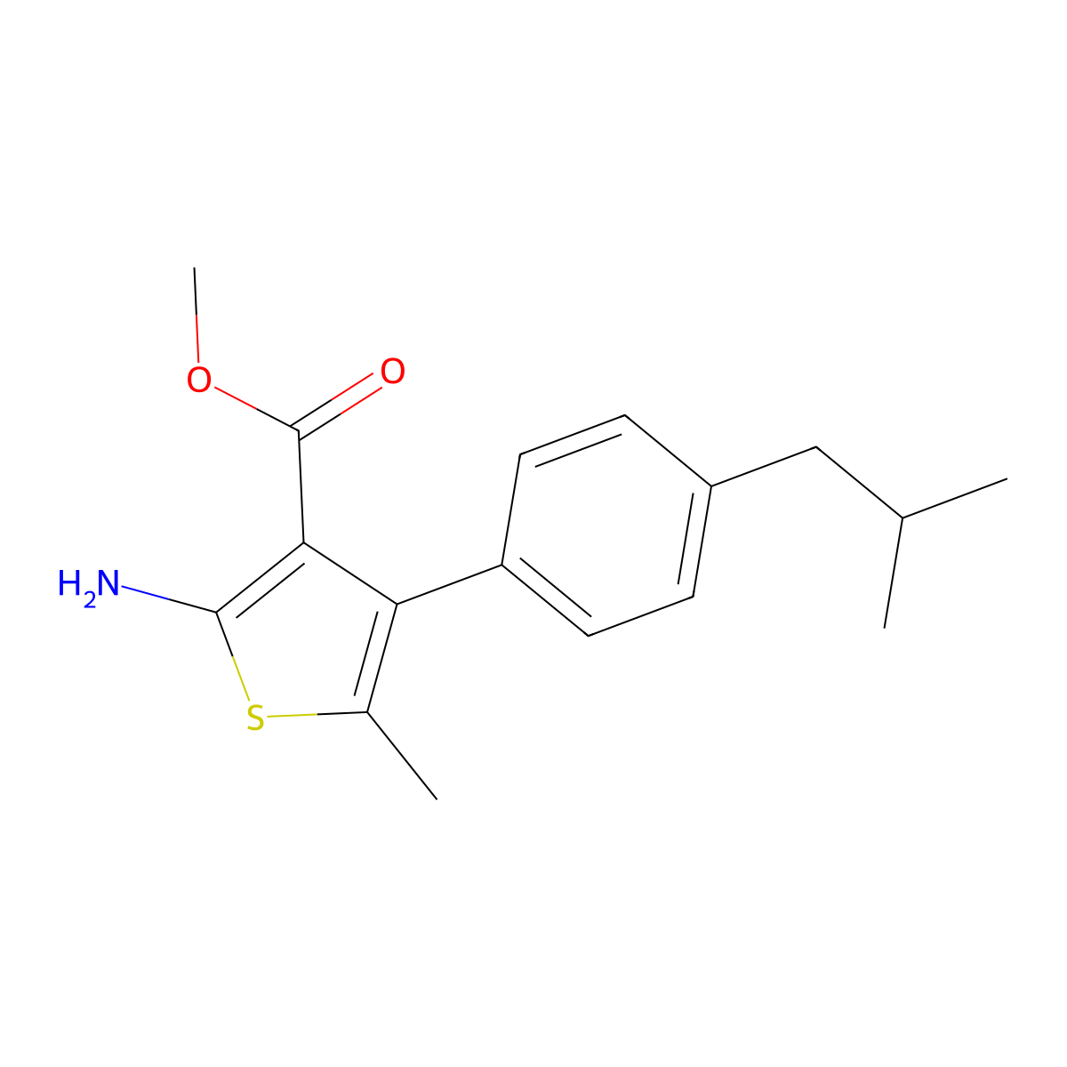 Methyl 2-amino-4-(4-isobutylphenyl)-5-methylthiophene-3-carboxylate molecular structure, CAS 350992-12-0