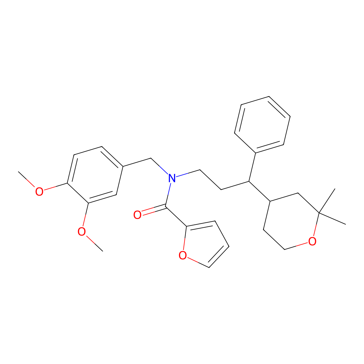 N-[(3,4-dimethoxyphenyl)methyl]-N-[3-(2,2-dimethyloxan-4-yl)-3-phenylpropyl]furan-2-carboxamide molecular structure, CAS 350993-69-0