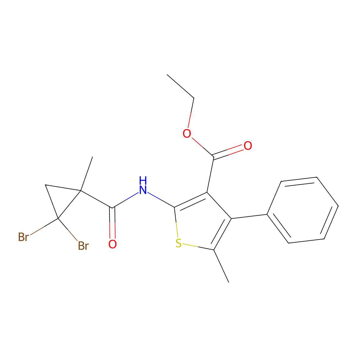 Ethyl 2-[(2,2-dibromo-1-methylcyclopropanecarbonyl)amino]-5-methyl-4-phenylthiophene-3-carboxylate molecular structure, CAS 350997-85-2