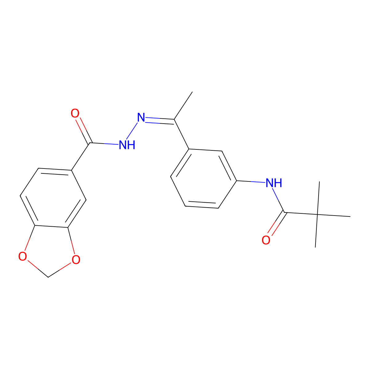 1,3-Benzodioxole-5-carboxylic acid, 2-[1-[3-[(2,2-dimethyl-1-oxopropyl)amino]phenyl]ethylidene]hydrazide molecular structure, CAS 350998-06-0