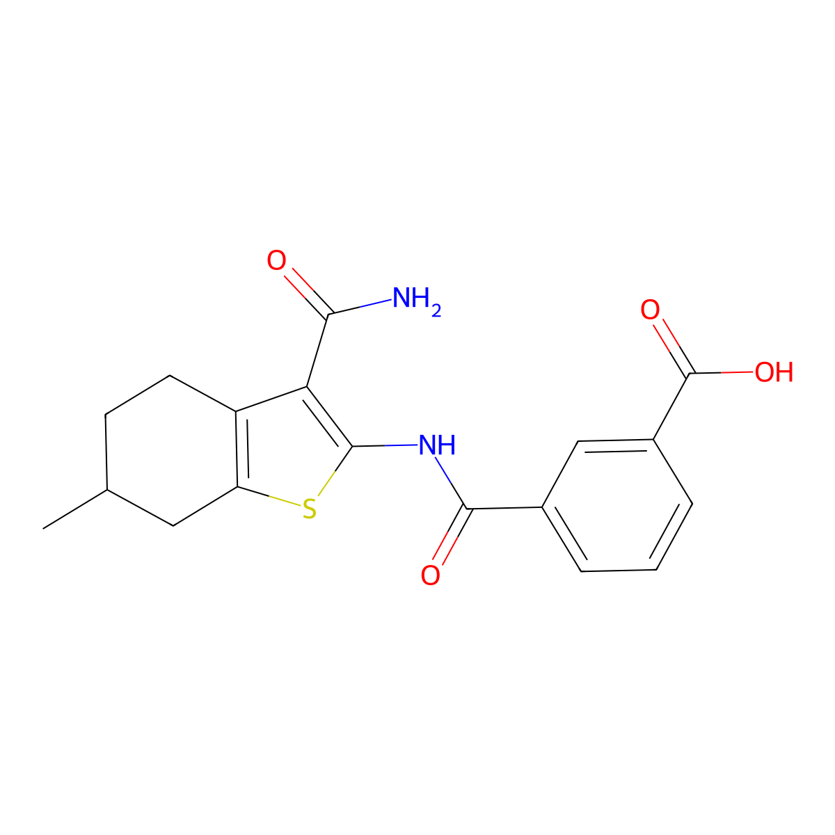 3-[(3-Carbamoyl-6-methyl-4,5,6,7-tetrahydro-1-benzothiophen-2-yl)carbamoyl]benzoic acid molecular structure, CAS 350999-45-0