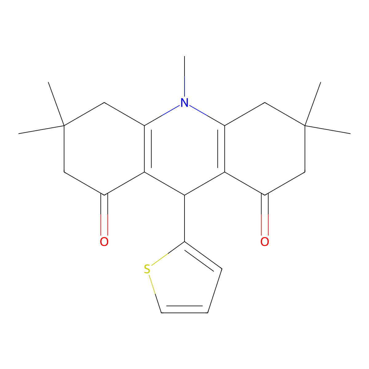 3,3,6,6,10-pentamethyl-9-thiophen-2-yl-4,5,7,9-tetrahydro-2H-acridine-1,8-dione molecular structure, CAS 350999-79-0