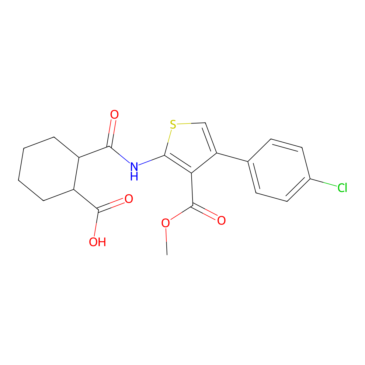 2-((4-(4-Chlorophenyl)-3-(methoxycarbonyl)thiophen-2-yl)carbamoyl)cyclohexanecarboxylic acid molecular structure, CAS 350999-84-7