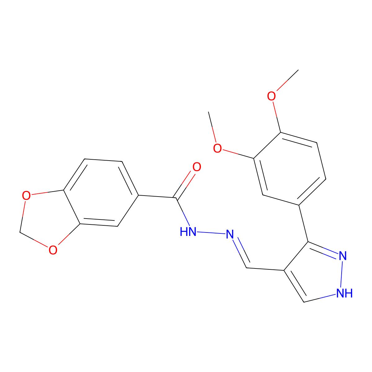 1,3-Benzodioxole-5-carboxylic acid, 2-[[3-(3,4-dimethoxyphenyl)-1H-pyrazol-4-yl]methylene]hydrazide molecular structure, CAS 350999-97-2