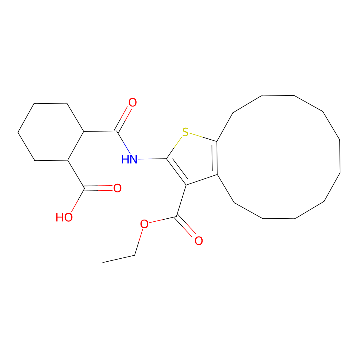 2-{[3-(Ethoxycarbonyl)-4,5,6,7,8,9,10,11,12,13-decahydrocyclododeca[b]thiophen-2-yl]carbamoyl}cyclohexanecarboxylic acid molecular structure, CAS 351000-84-5