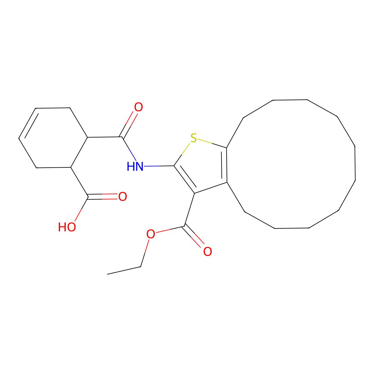 6-{[3-(Ethoxycarbonyl)-4,5,6,7,8,9,10,11,12,13-decahydrocyclododeca[b]thiophen-2-yl]carbamoyl}cyclohex-3-ene-1-carboxylic acid molecular structure, CAS 351001-19-9