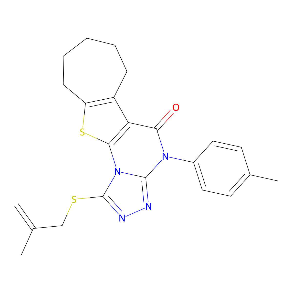 1-((2-methylallyl)thio)-4-(p-tolyl)-7,8,9,10-tetrahydro-4H-cyclohepta[4,5]thieno[3,2-e][1,2,4]triazolo[4,3-a]pyrimidin-5(6H)-one molecular structure, CAS 351004-58-5