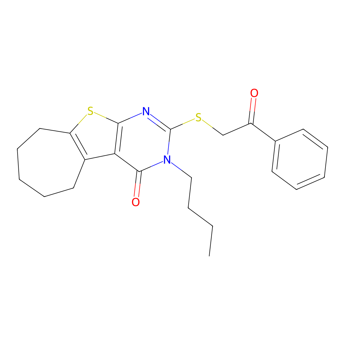 3-butyl-2-[(2-oxo-2-phenylethyl)sulfanyl]-3,5,6,7,8,9-hexahydro-4H-cyclohepta[4,5]thieno[2,3-d]pyrimidin-4-one molecular structure, CAS 351004-94-9