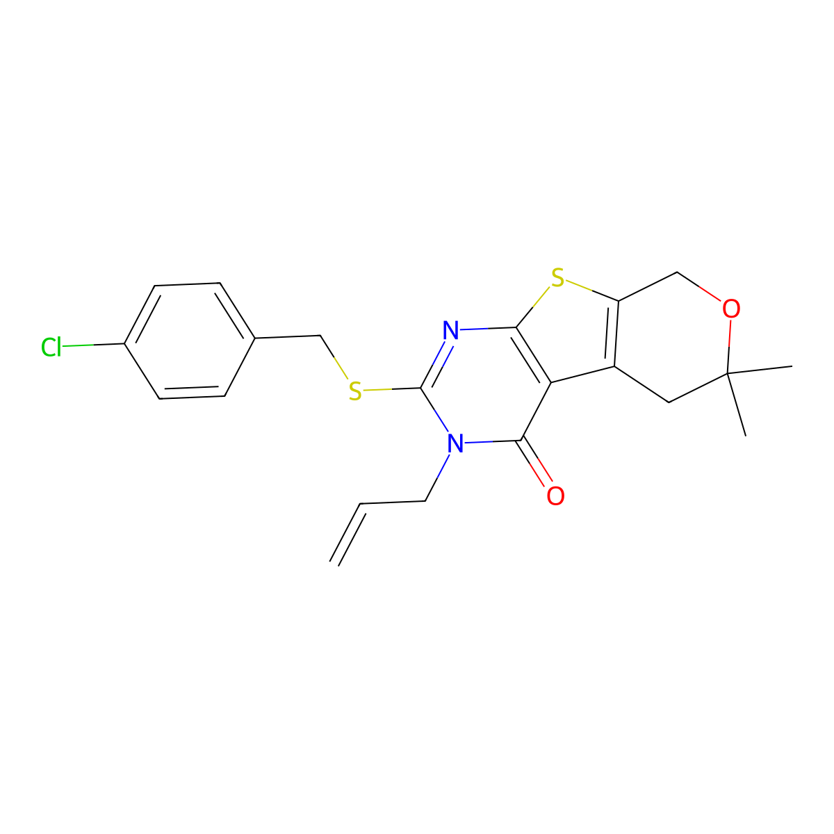 2-[(4-Chlorophenyl)methylsulfanyl]-6,6-dimethyl-3-prop-2-enyl-5,8-dihydropyrano[2,3]thieno[2,4-b]pyrimidin-4-one molecular structure, CAS 351004-96-1