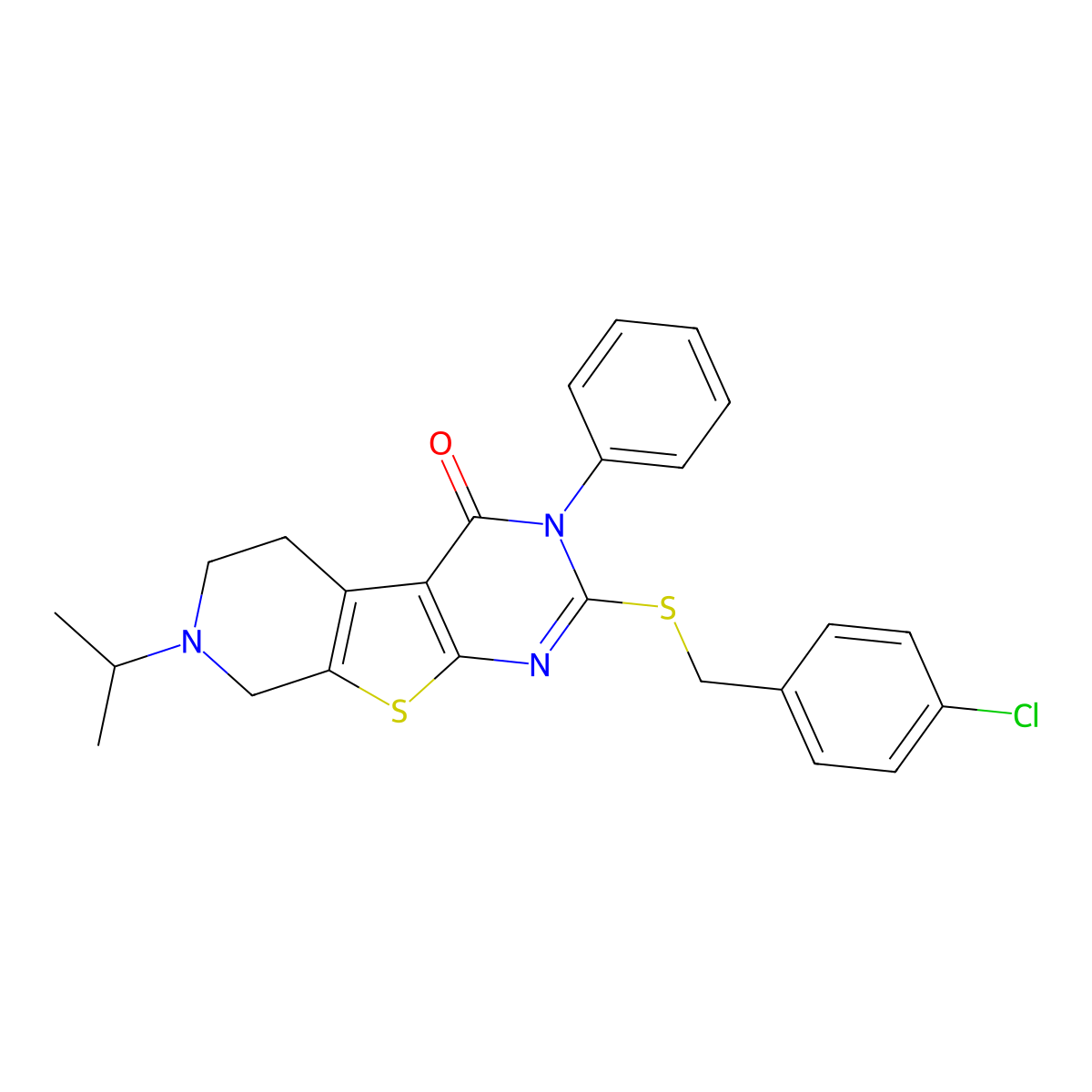 2-[(4-chlorophenyl)methylsulfanyl]-3-phenyl-7-propan-2-yl-6,8-dihydro-5H-pyrido[2,3]thieno[2,4-b]pyrimidin-4-one molecular structure, CAS 351004-99-4