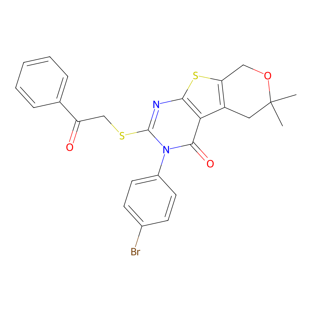 3-(4-Bromophenyl)-6,6-dimethyl-2-phenacylsulfanyl-5,8-dihydropyrano[2,3]thieno[2,4-b]pyrimidin-4-one molecular structure, CAS 351005-03-3