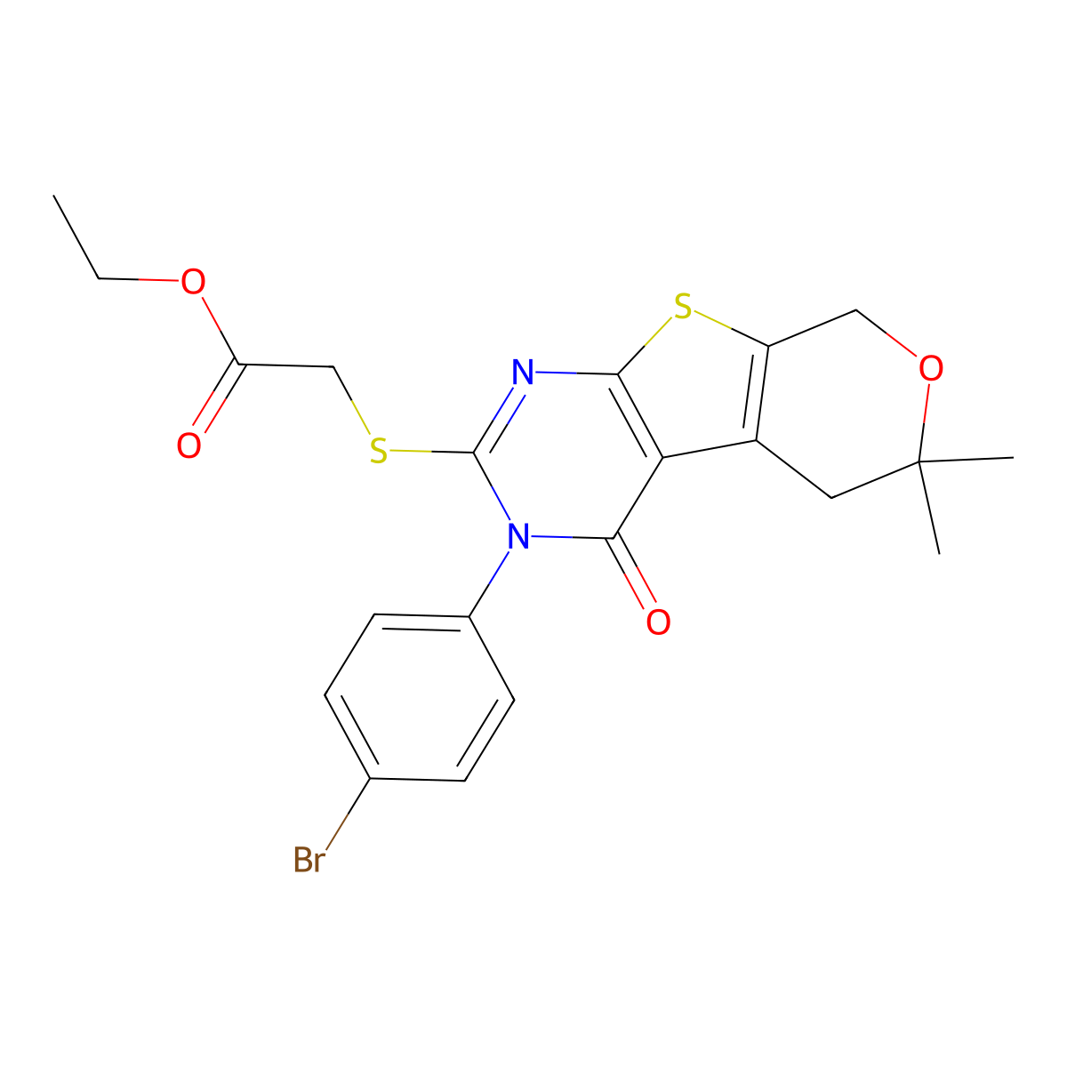 Ethyl 2-[[3-(4-bromophenyl)-6,6-dimethyl-4-oxo-5,8-dihydropyrano[2,3]thieno[2,4-b]pyrimidin-2-yl]sulfanyl]acetate molecular structure, CAS 351005-09-9