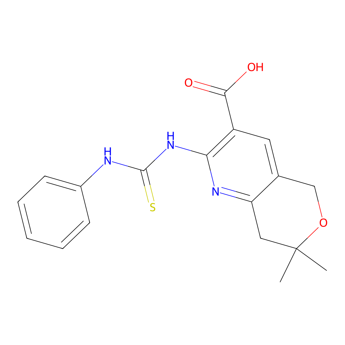 7,7-dimethyl-2-[(phenylcarbamothioyl)amino]-7,8-dihydro-5H-pyrano[4,3-b]pyridine-3-carboxylic acid molecular structure, CAS 351005-46-4