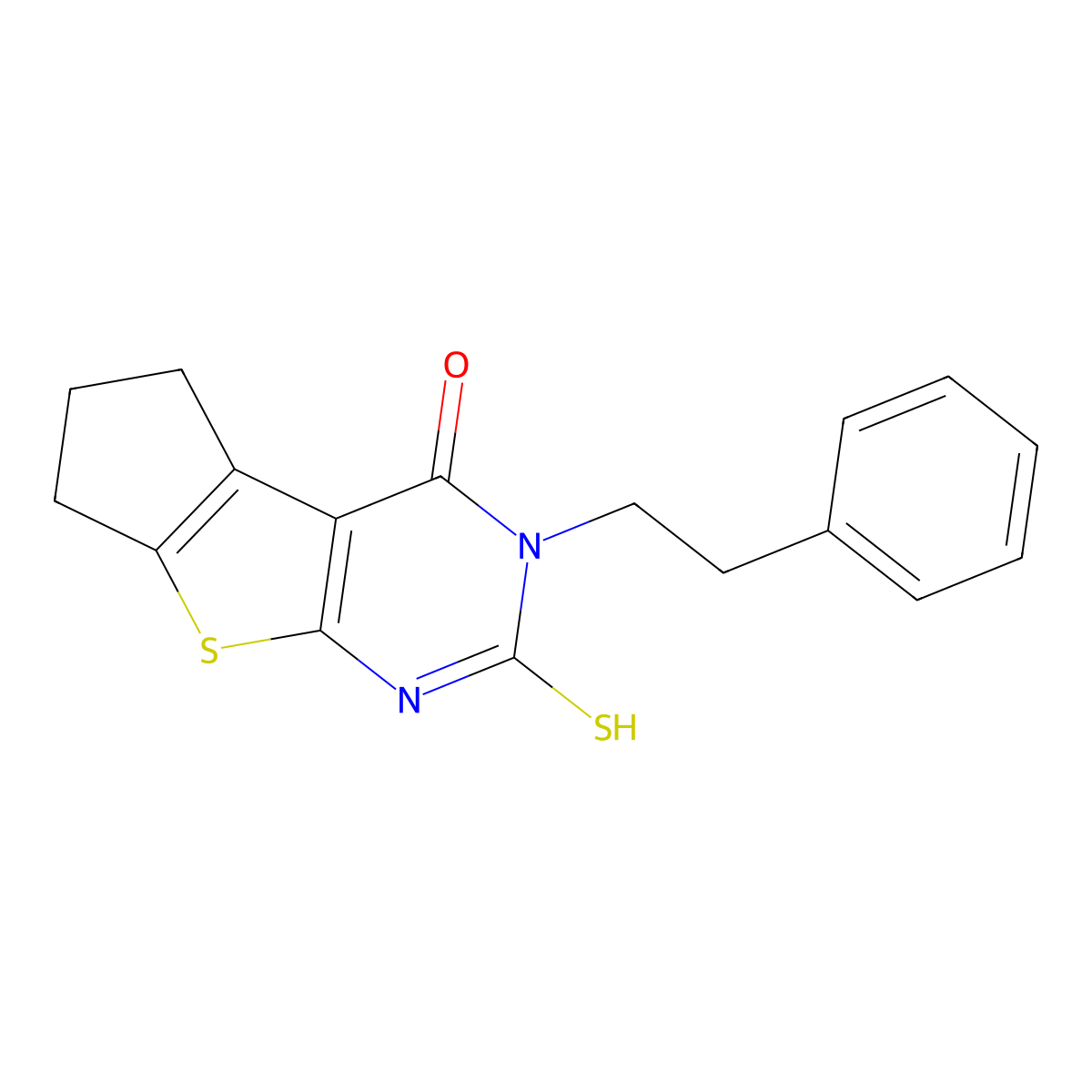 2-mercapto-3-(2-phenylethyl)-3,5,6,7-tetrahydro-4H-cyclopenta[4,5]thieno[2,3-d]pyrimidin-4-one molecular structure, CAS 351005-68-0