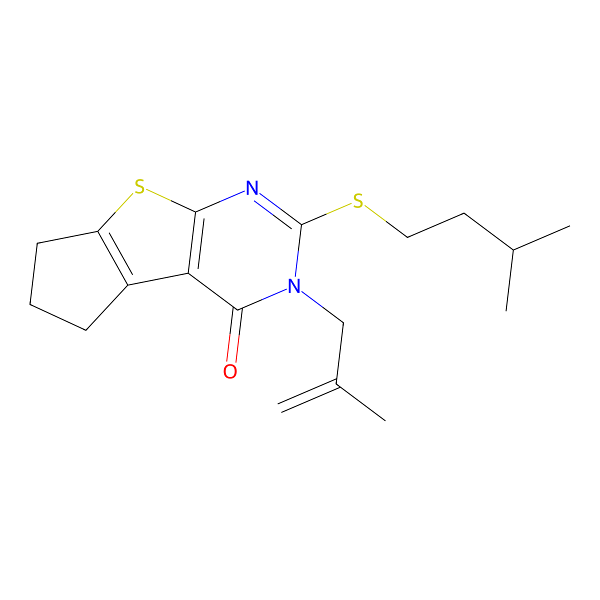 3-(3-methylbutylsulfanyl)-2-(2-methylprop-2-enyl)-7,8-dihydro-6H-cyclopenta[2,3]thieno[2,4-b]pyrimidin-1-one molecular structure, CAS 351006-16-1