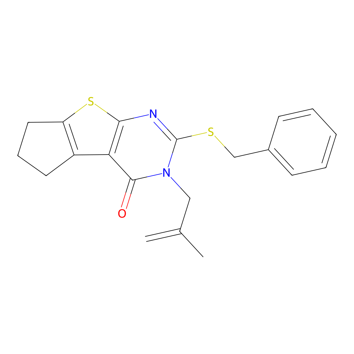3-benzylsulfanyl-2-(2-methylprop-2-enyl)-7,8-dihydro-6H-cyclopenta[2,3]thieno[2,4-b]pyrimidin-1-one molecular structure, CAS 351006-18-3