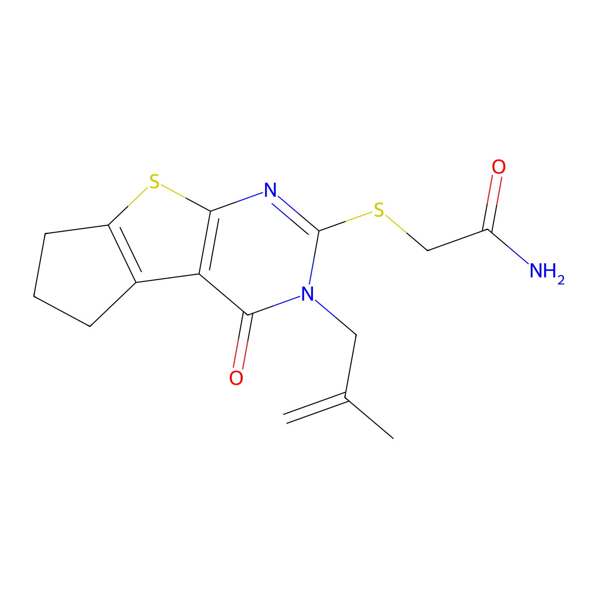 2-[[2-(2-methylprop-2-enyl)-1-oxo-7,8-dihydro-6H-cyclopenta[2,3]thieno[2,4-b]pyrimidin-3-yl]sulfanyl]acetamide molecular structure, CAS 351006-20-7