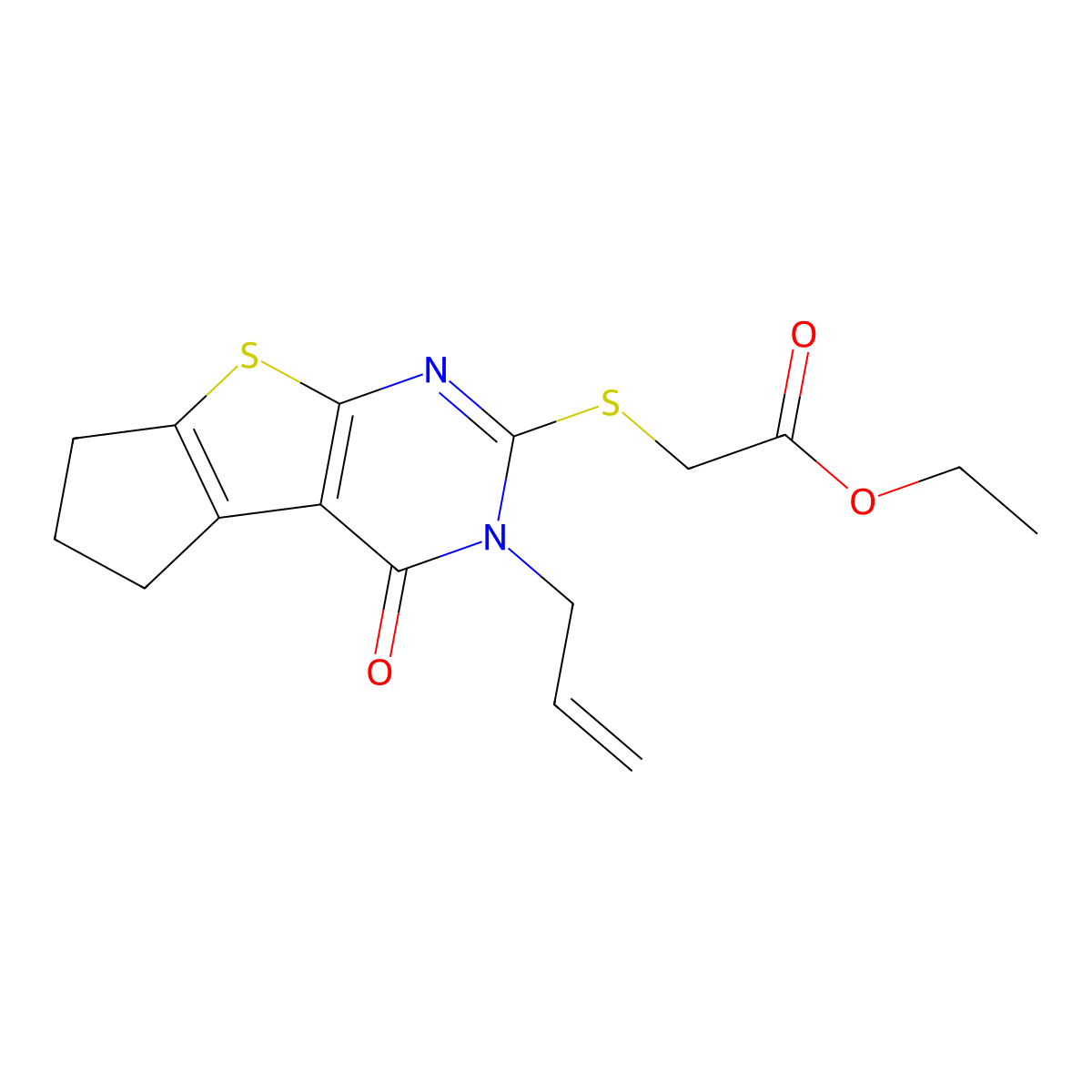 Ethyl 2-(4-oxo-3-prop-2-enyl-3,5,6,7-tetrahydrocyclopenta[2,1-d]pyrimidino[4,5-b]thiophen-2-ylthio)acetate molecular structure, CAS 351006-22-9