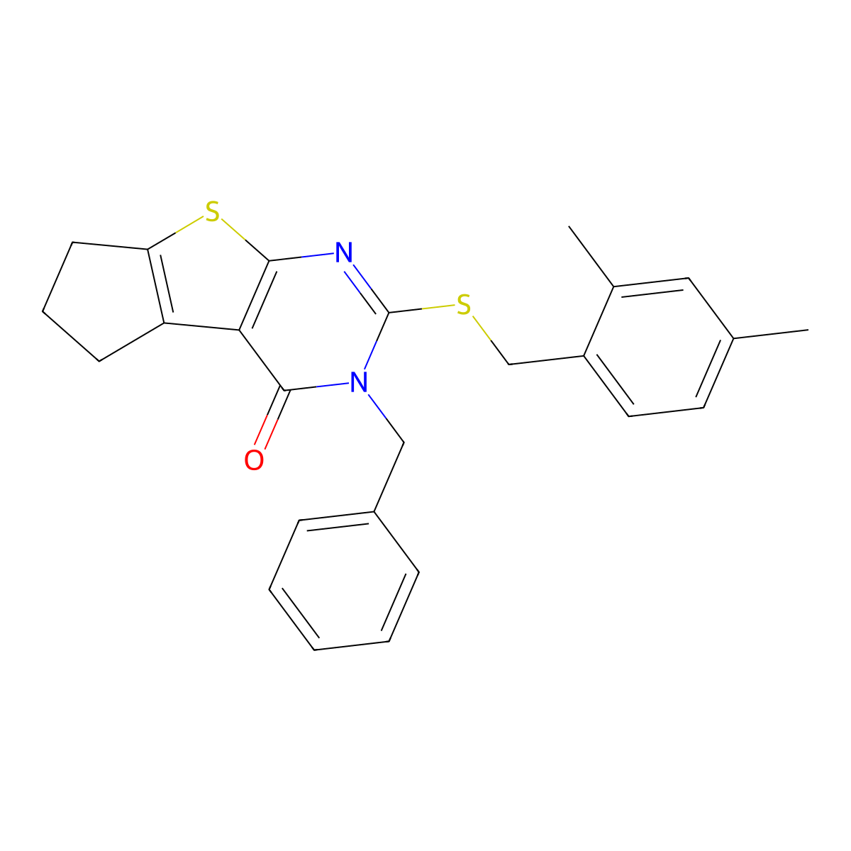 3-benzyl-2-[(2,4-dimethylbenzyl)sulfanyl]-3,5,6,7-tetrahydro-4H-cyclopenta[4,5]thieno[2,3-d]pyrimidin-4-one molecular structure, CAS 351006-31-0