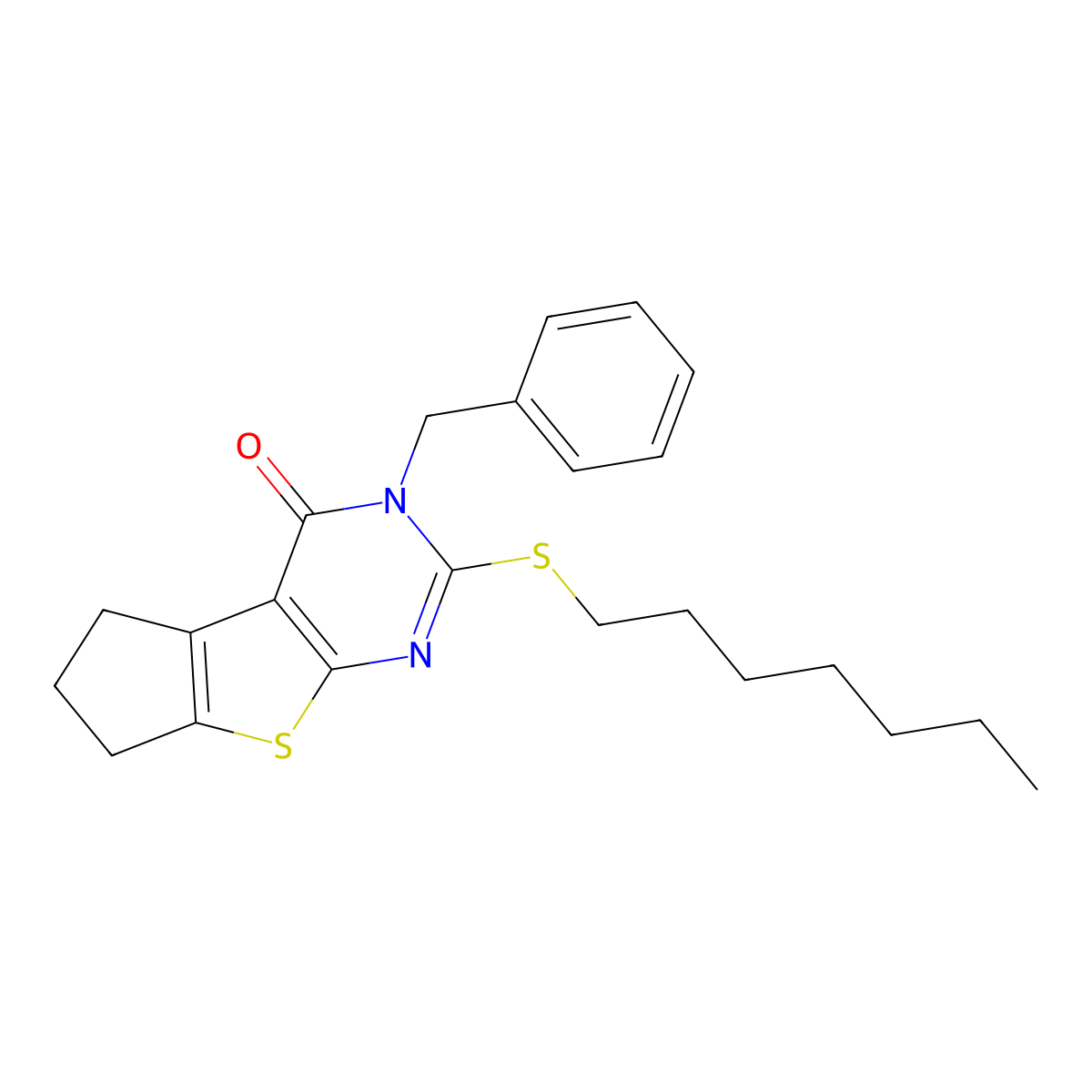 3-benzyl-2-(heptylsulfanyl)-3,5,6,7-tetrahydro-4H-cyclopenta[4,5]thieno[2,3-d]pyrimidin-4-one molecular structure, CAS 351006-33-2