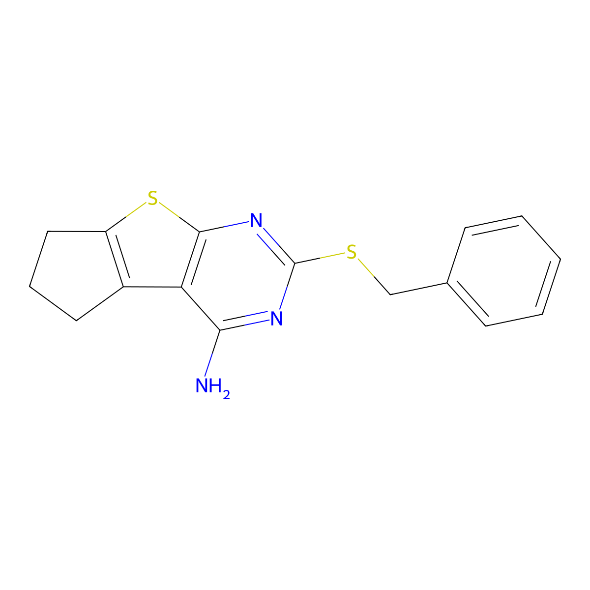 2-(benzylthio)-6,7-dihydro-5H-cyclopenta[4,5]thieno[2,3-d]pyrimidin-4-amine molecular structure, CAS 351006-42-3