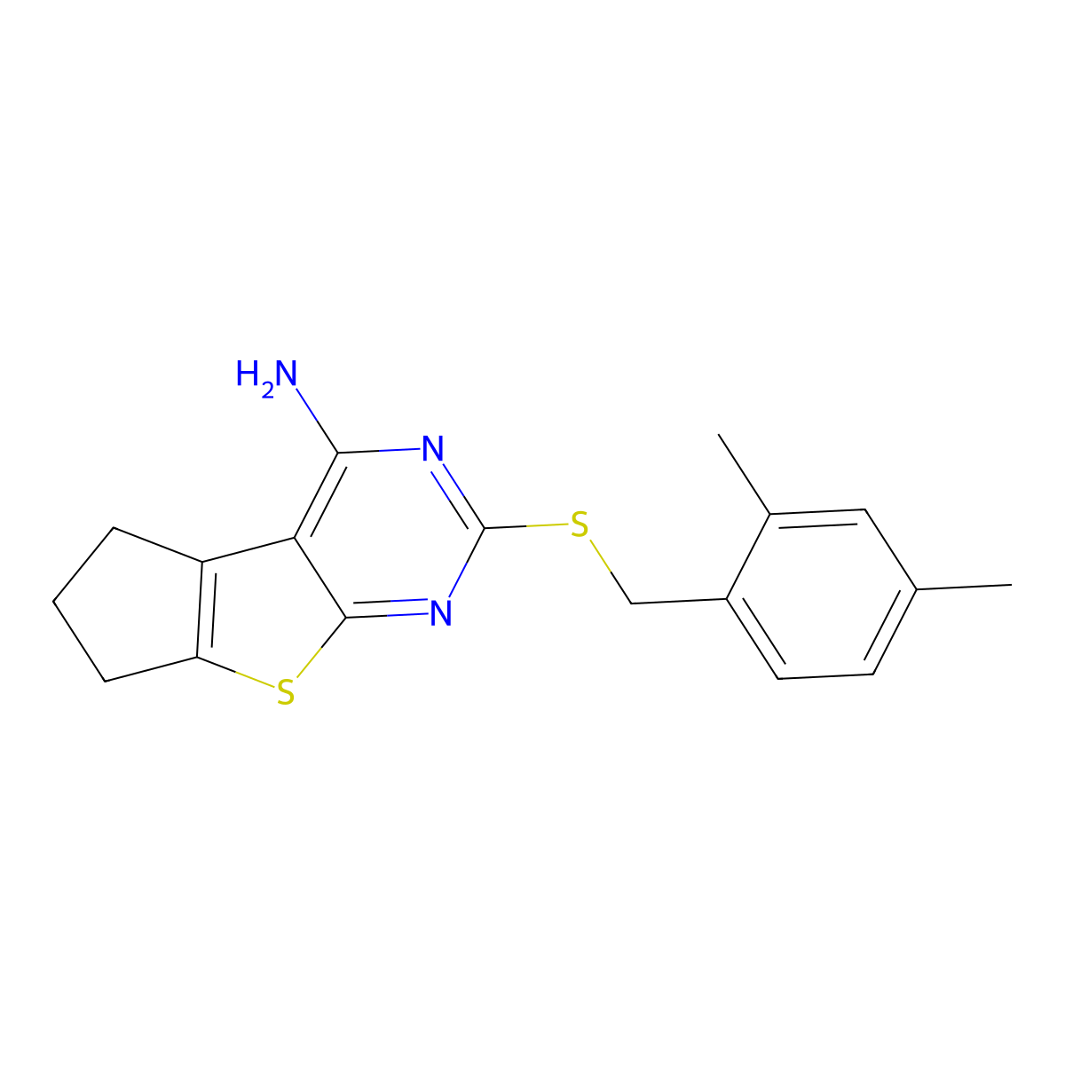 2-[(2,4-dimethylbenzyl)sulfanyl]-6,7-dihydro-5H-cyclopenta[4,5]thieno[2,3-d]pyrimidin-4-amine molecular structure, CAS 351006-43-4