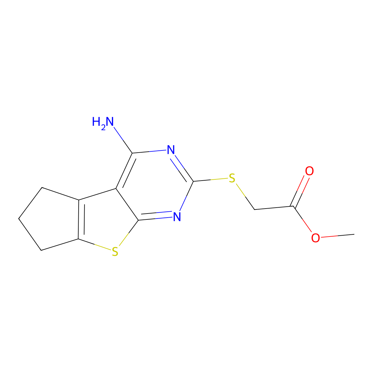 methyl [(4-amino-6,7-dihydro-5H-cyclopenta[4,5]thieno[2,3-d]pyrimidin-2-yl)sulfanyl]acetate molecular structure, CAS 351006-47-8
