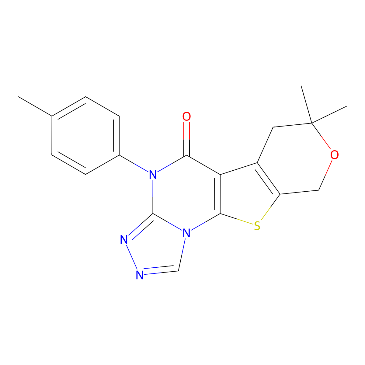 7,7-dimethyl-4-(4-methylphenyl)-6,9-dihydro-7H-pyrano[4',3':4,5]thieno[3,2-e][1,2,4]triazolo[4,3-a]pyrimidin-5(4H)-one molecular structure, CAS 351006-69-4
