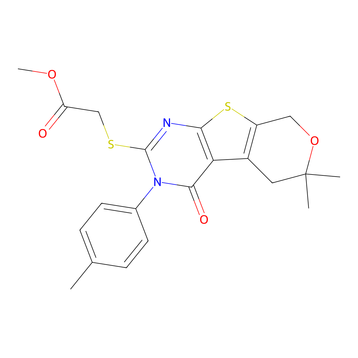 methyl {[6,6-dimethyl-3-(4-methylphenyl)-4-oxo-3,5,6,8-tetrahydro-4H-pyrano[4',3':4,5]thieno[2,3-d]pyrimidin-2-yl]sulfanyl}acetate molecular structure, CAS 351006-72-9