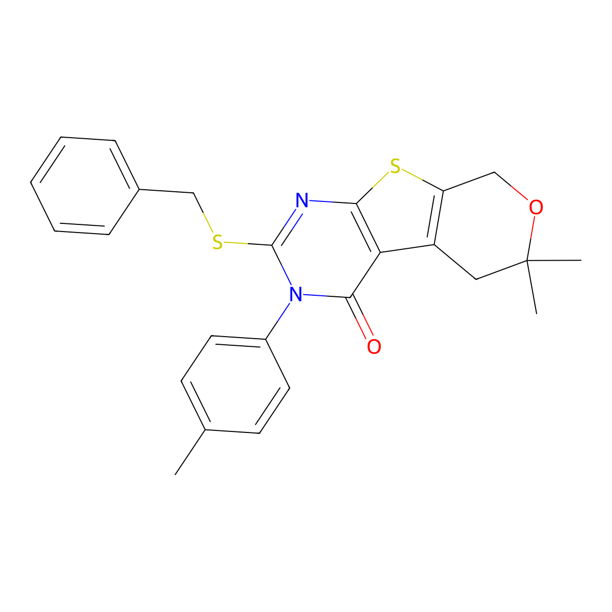 2-(benzylsulfanyl)-6,6-dimethyl-3-(4-methylphenyl)-3,5,6,8-tetrahydro-4H-pyrano[4',3':4,5]thieno[2,3-d]pyrimidin-4-one molecular structure, CAS 351006-79-6