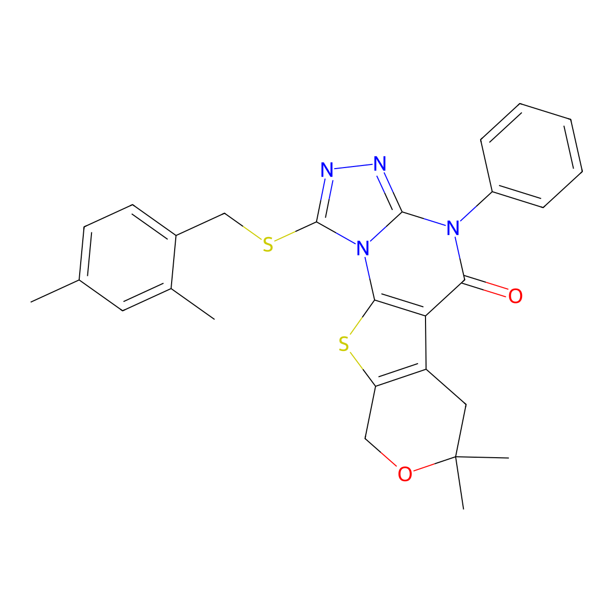1-((2,4-dimethylbenzyl)thio)-7,7-dimethyl-4-phenyl-6,7-dihydro-4H-pyrano[4',3':4,5]thieno[3,2-e][1,2,4]triazolo[4,3-a]pyrimidin-5(9H)-one molecular structure, CAS 351006-81-0