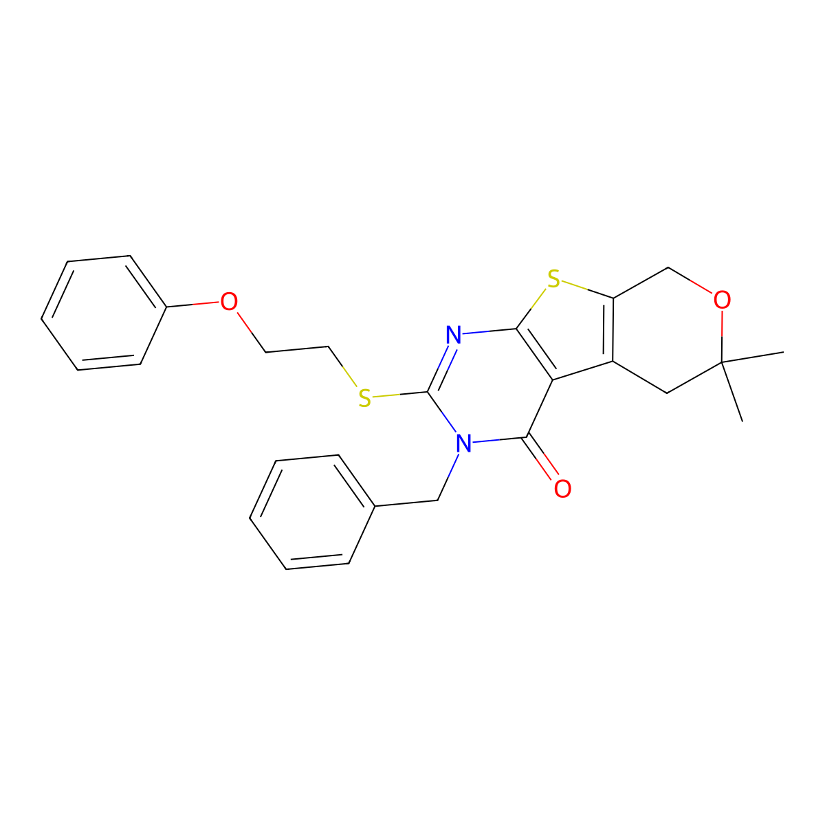 3-benzyl-6,6-dimethyl-2-[(2-phenoxyethyl)sulfanyl]-3,5,6,8-tetrahydro-4H-pyrano[4',3':4,5]thieno[2,3-d]pyrimidin-4-one molecular structure, CAS 351006-83-2