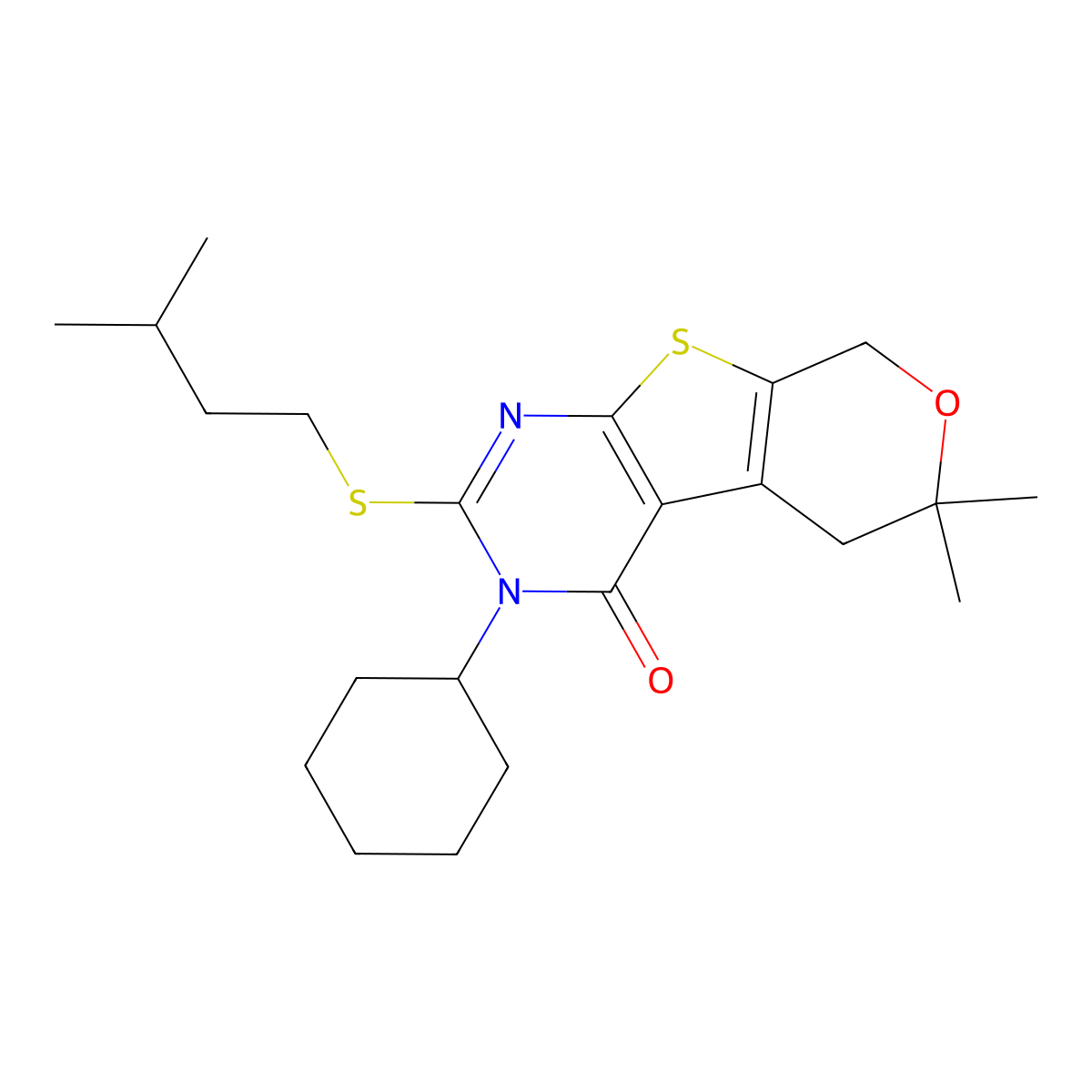 3-cyclohexyl-2-(isopentylsulfanyl)-6,6-dimethyl-3,5,6,8-tetrahydro-4H-pyrano[4',3':4,5]thieno[2,3-d]pyrimidin-4-one molecular structure, CAS 351006-86-5