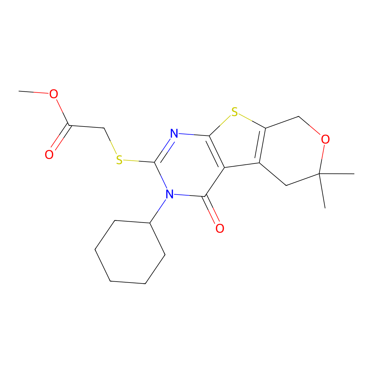 methyl [(3-cyclohexyl-6,6-dimethyl-4-oxo-3,5,6,8-tetrahydro-4H-pyrano[4',3':4,5]thieno[2,3-d]pyrimidin-2-yl)sulfanyl]acetate molecular structure, CAS 351006-89-8