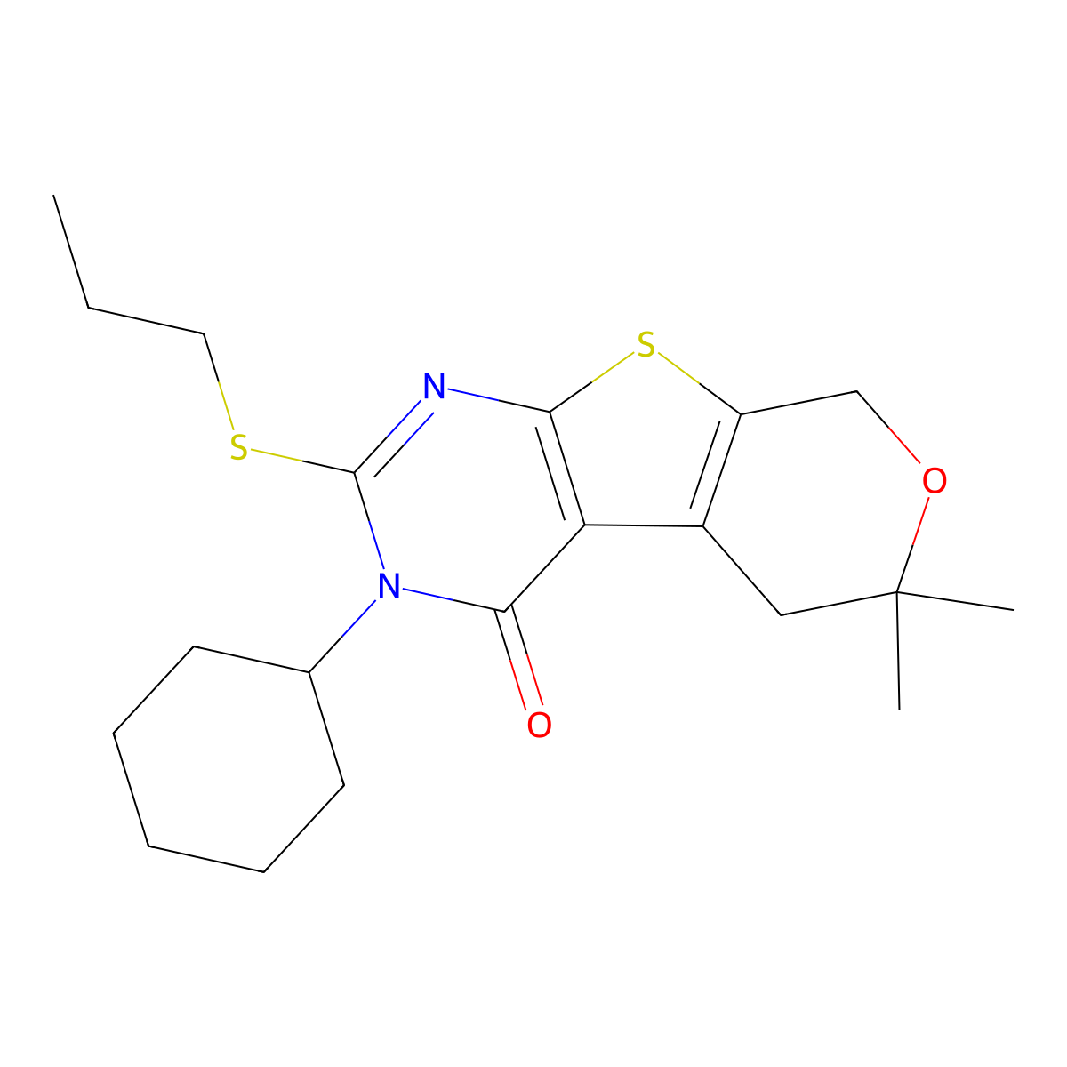 3-cyclohexyl-6,6-dimethyl-2-(propylsulfanyl)-3,5,6,8-tetrahydro-4H-pyrano[4',3':4,5]thieno[2,3-d]pyrimidin-4-one molecular structure, CAS 351006-92-3