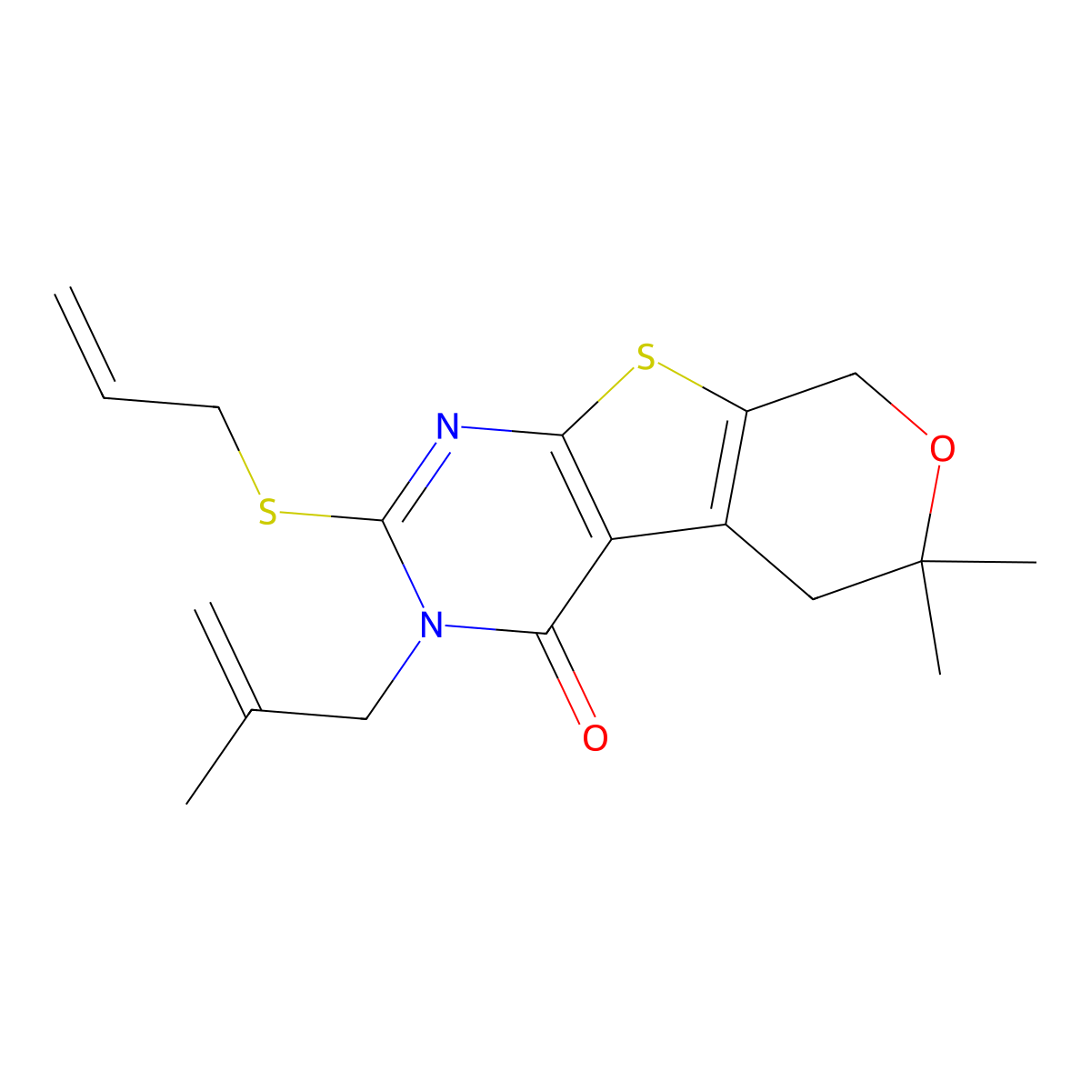 6,6-Dimethyl-3-(2-methylprop-2-enyl)-2-prop-2-enylsulfanyl-5,8-dihydropyrano[2,3]thieno[2,4-b]pyrimidin-4-one molecular structure, CAS 351007-04-0