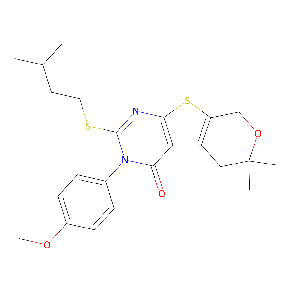 3-(4-methoxyphenyl)-6,6-dimethyl-2-[(3-methylbutyl)sulfanyl]-3,5,6,8-tetrahydro-4H-pyrano[4',3':4,5]thieno[2,3-d]pyrimidin-4-one molecular structure, CAS 351007-07-3
