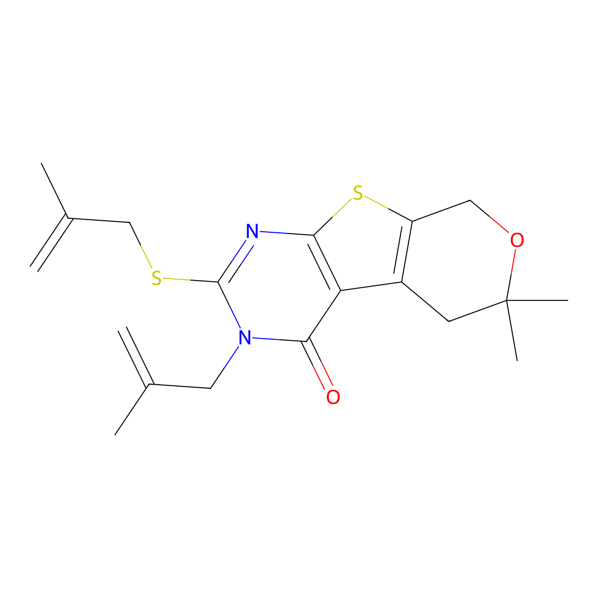 6,6-Dimethyl-3-(2-methylprop-2-enyl)-2-(2-methylprop-2-enylsulfanyl)-5,8-dihydropyrano[2,3]thieno[2,4-b]pyrimidin-4-one molecular structure, CAS 351007-15-3