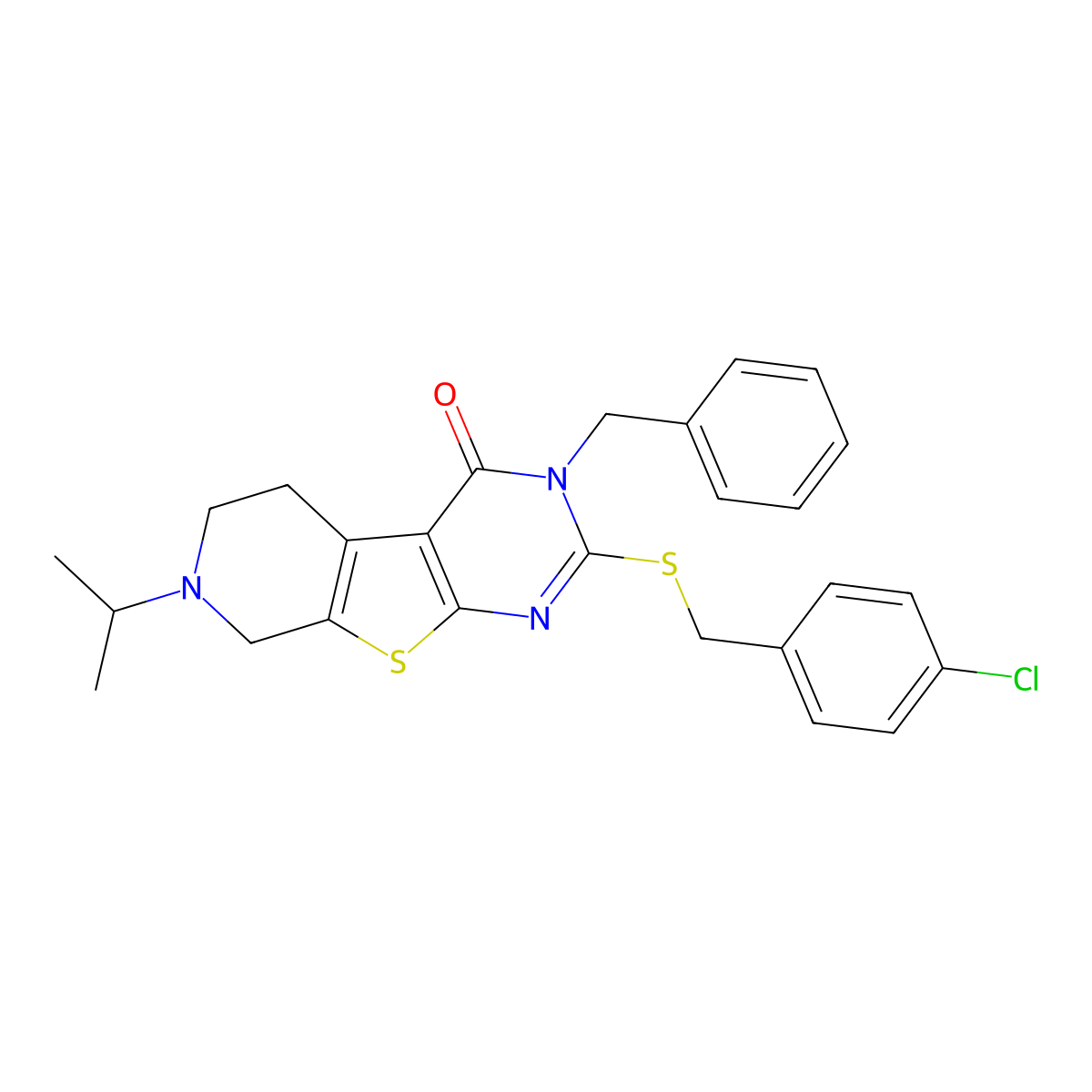 3-benzyl-2-[(4-chlorophenyl)methylsulfanyl]-7-propan-2-yl-6,8-dihydro-5H-pyrido[2,3]thieno[2,4-b]pyrimidin-4-one molecular structure, CAS 351007-17-5