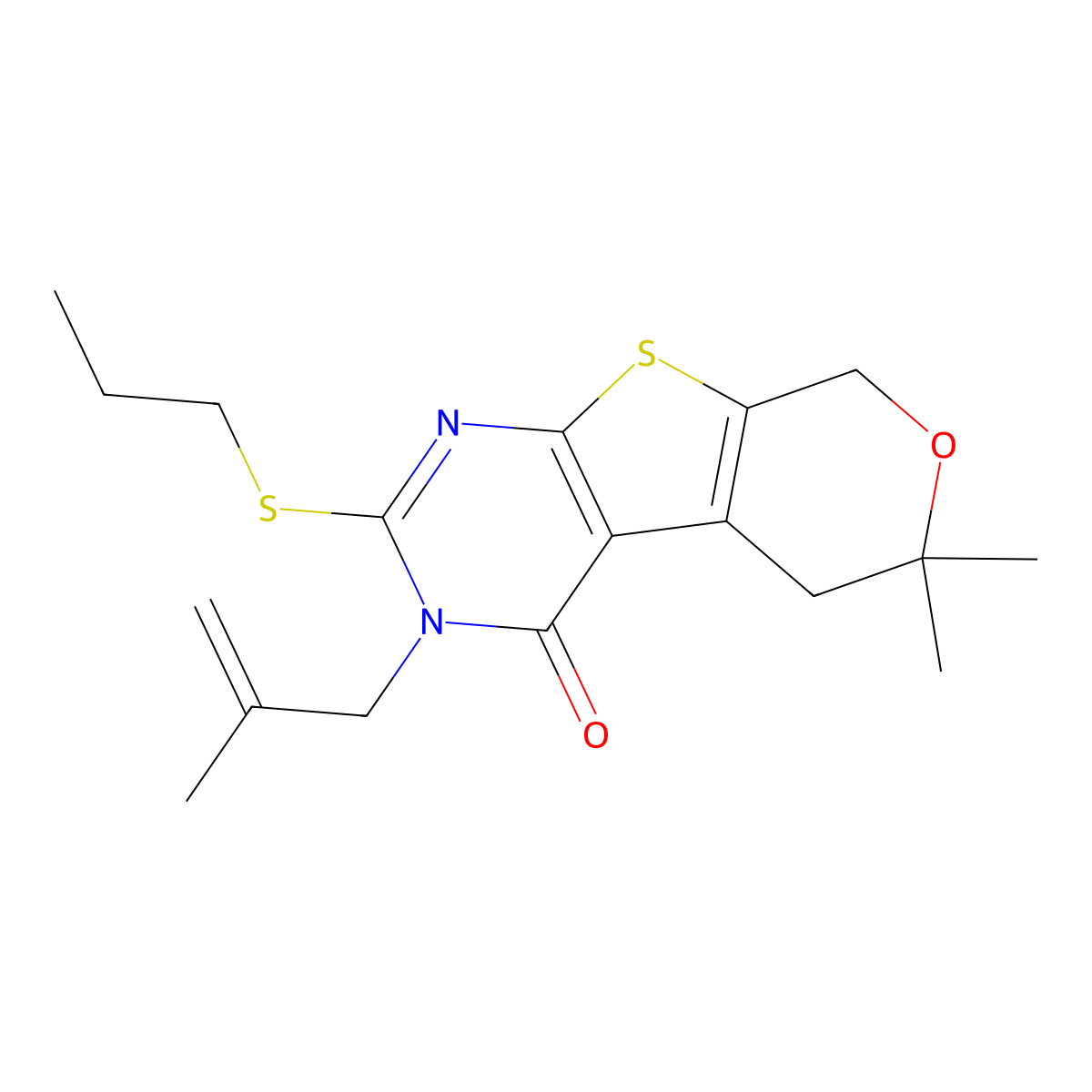 6,6-Dimethyl-3-(2-methylprop-2-enyl)-2-propylsulfanyl-5,8-dihydropyrano[2,3]thieno[2,4-b]pyrimidin-4-one molecular structure, CAS 351007-19-7